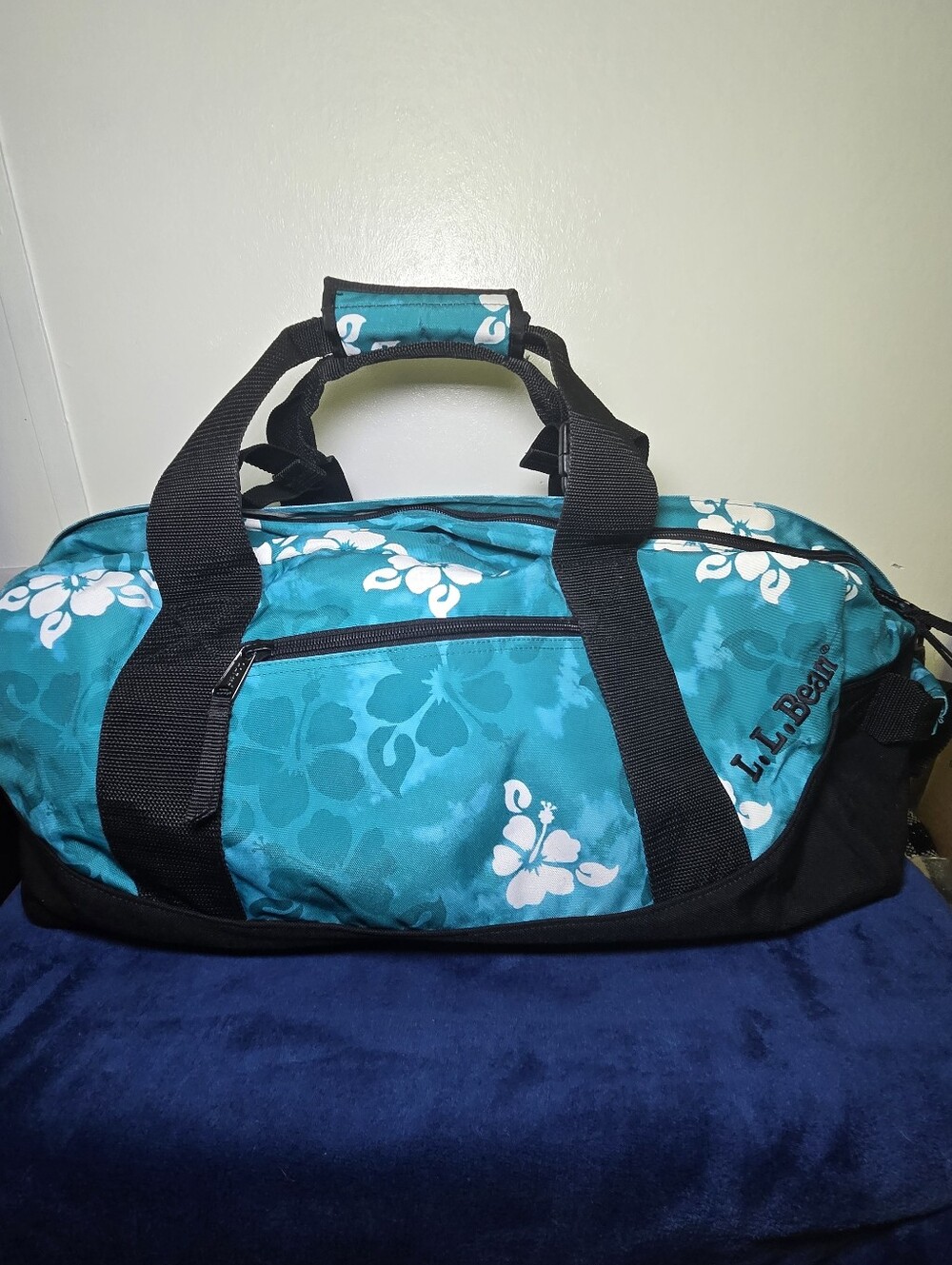 LL Bean Teal Hawaiian Hibiscus Large Heavy Duty Travel Weekender Duffle Bag